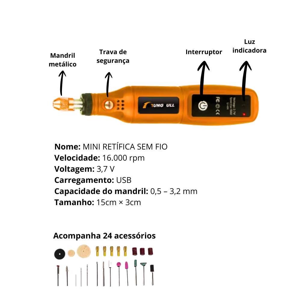 MINI RETÍFICA USB + ACESSÓRIOS